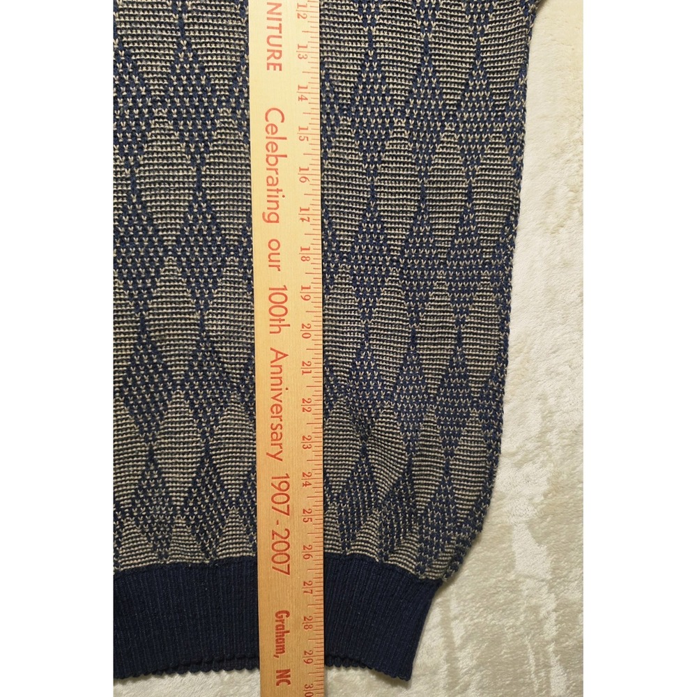 Vintage 90s Y2k Grandpa‎ Sweater Mens M Navy Tan Geometric Knit Retro Crewneck - Picture 7 of 7